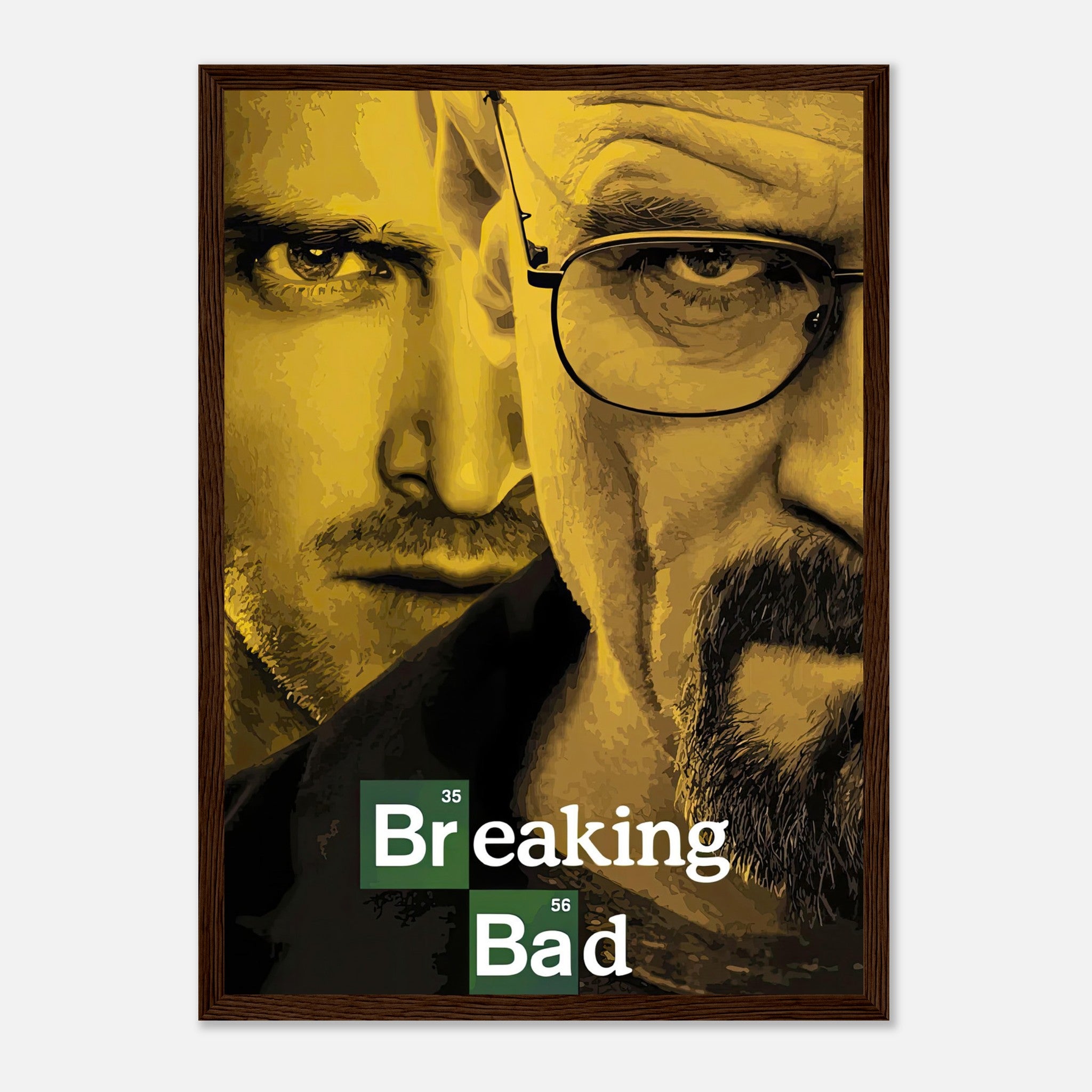 Breaking Bad official poster framed print featuring iconic characters in bold yellow tones, perfect for fans' collections.