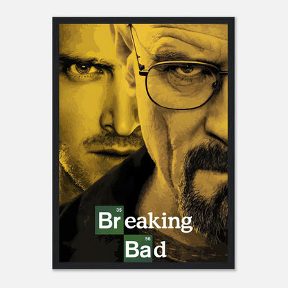 Breaking Bad official framed print featuring iconic characters Walter White and Jesse Pinkman in dramatic yellow tones.