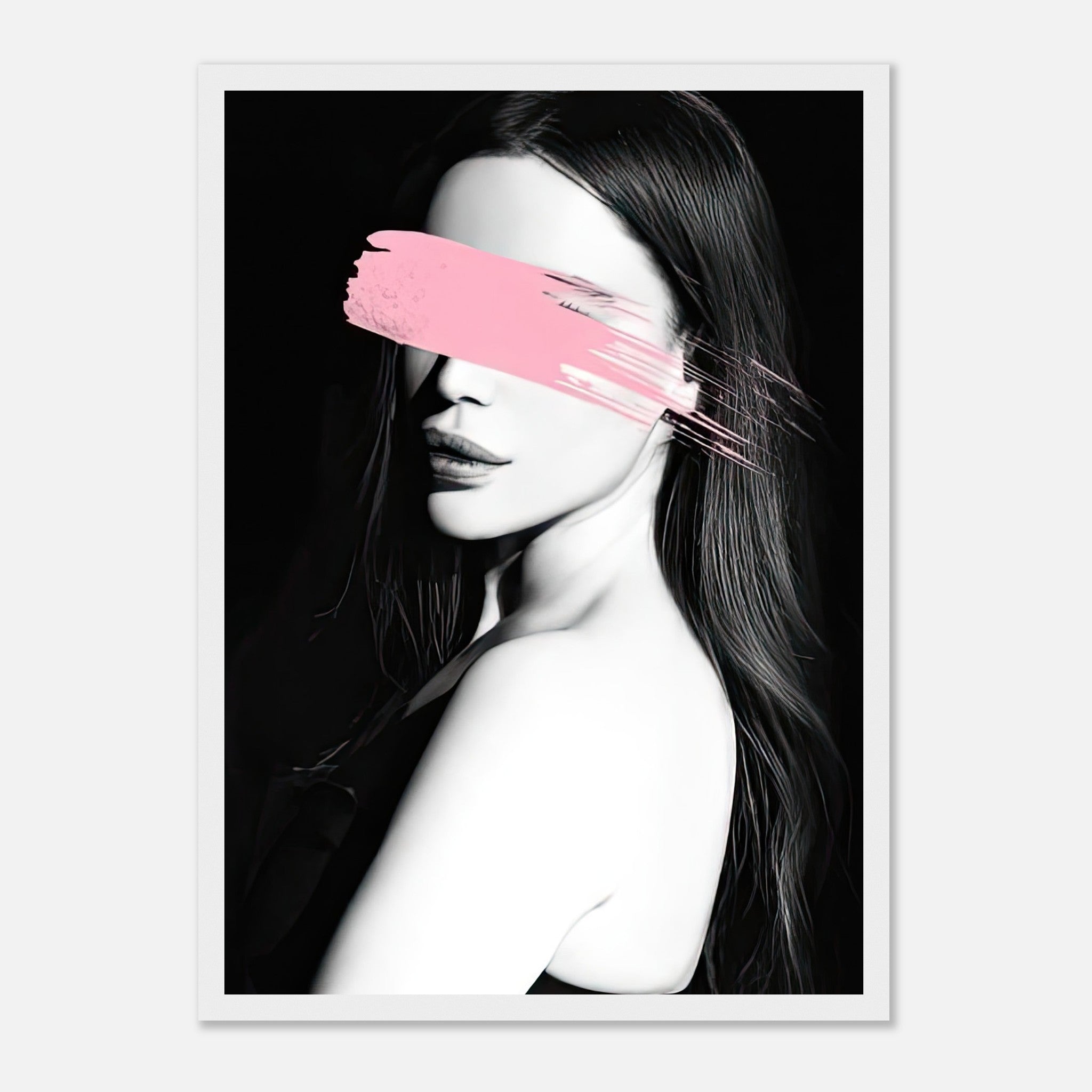 Monochromatic portrait of a woman with a bold pink brushstroke, framed print for modern home decor.