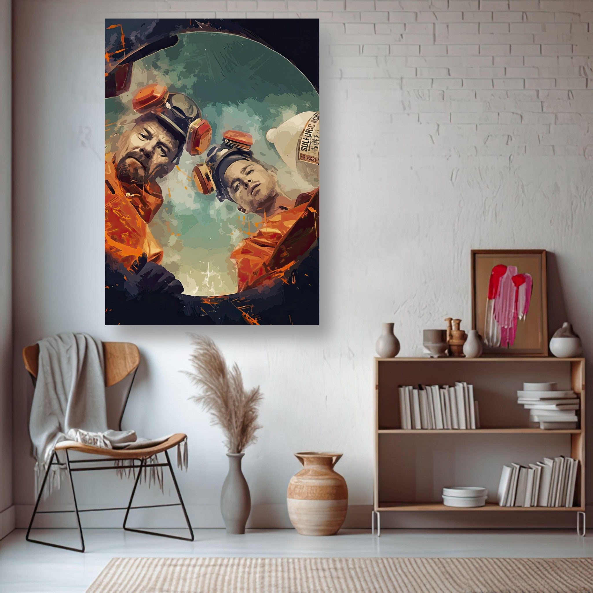 "Bold Breaking Bad metal print of Walter White and Jesse Pinkman in hazmat suits, perfect for home decor."