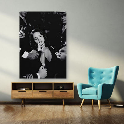 Lana Del Ray Smoking Poster showcased in a modern living room with stylish decor and furniture.