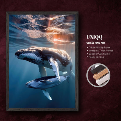 Underwater fine art print of a humpback whale with calf, framed, showcasing ocean beauty and sunlight effects.