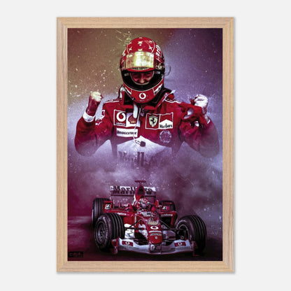 Michael Schumacher fine art print featuring Schumacher in Ferrari suit with his championship car, capturing speed and victory.