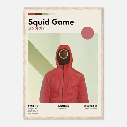 Vintage Squid Game framed print featuring a red-hooded figure with minimalist design and retro tones.