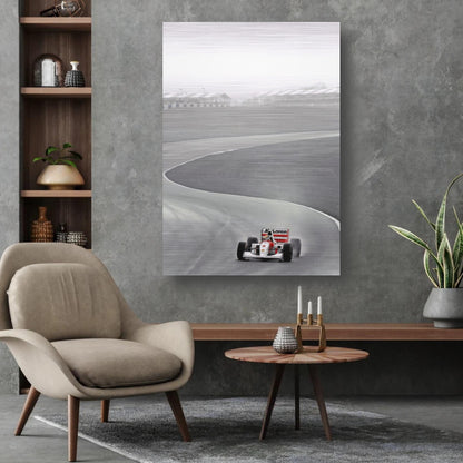 1988 Ayrton Senna McLaren photography on brushed metal, showcasing F1 legend racing on a curved track in a modern living space.