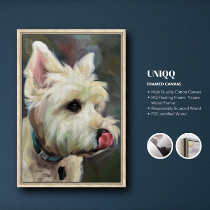 Framed canvas print of a West Highland White Terrier with a playful expression and vibrant colors.