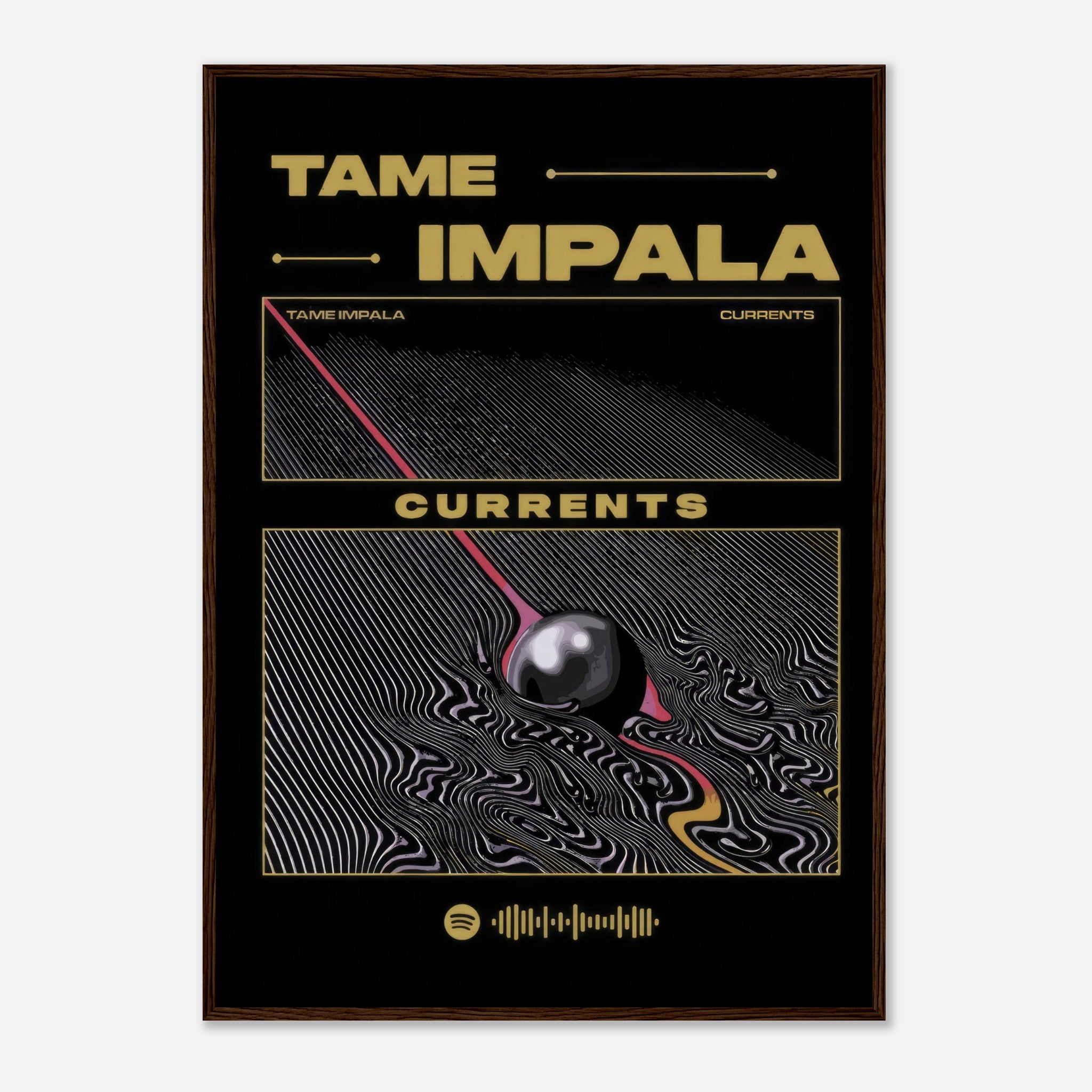 Tame Impala Currents framed poster featuring vibrant psychedelic artwork and bold typography. Perfect for music and art lovers.