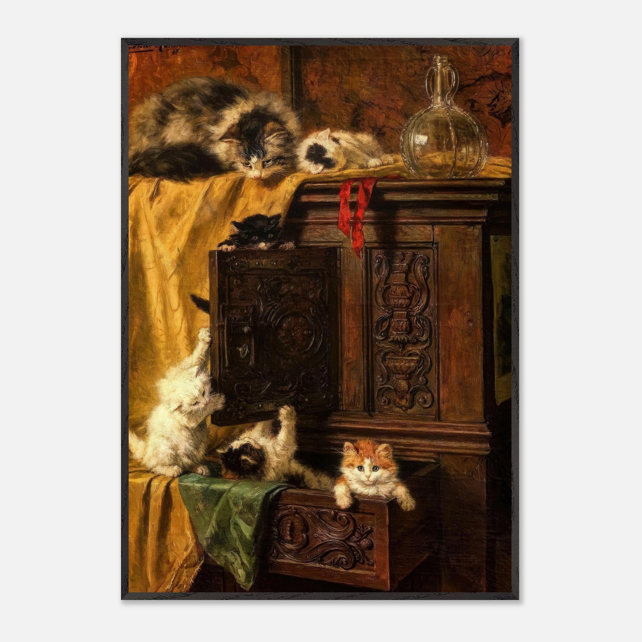 Vintage cat painting featuring playful kittens on an ornate cabinet, a museum-quality fine art print.