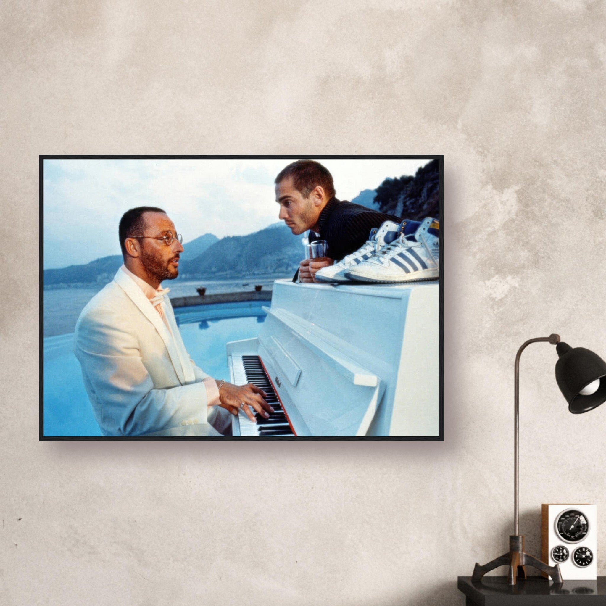 Jean Reno Piano framed print featuring a serene ocean backdrop, capturing an iconic moment from "The Big Blue."