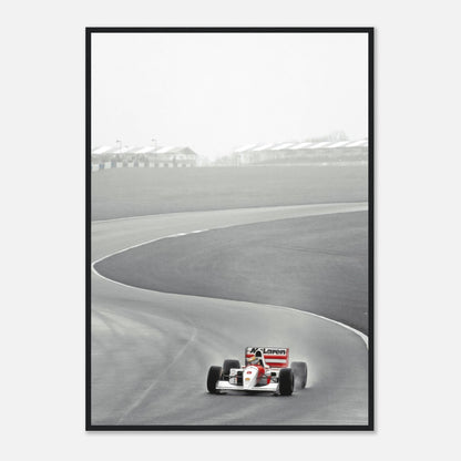 Ayrton Senna driving McLaren MP4/4 in 1988, framed print showcasing iconic racing moment in black and white.