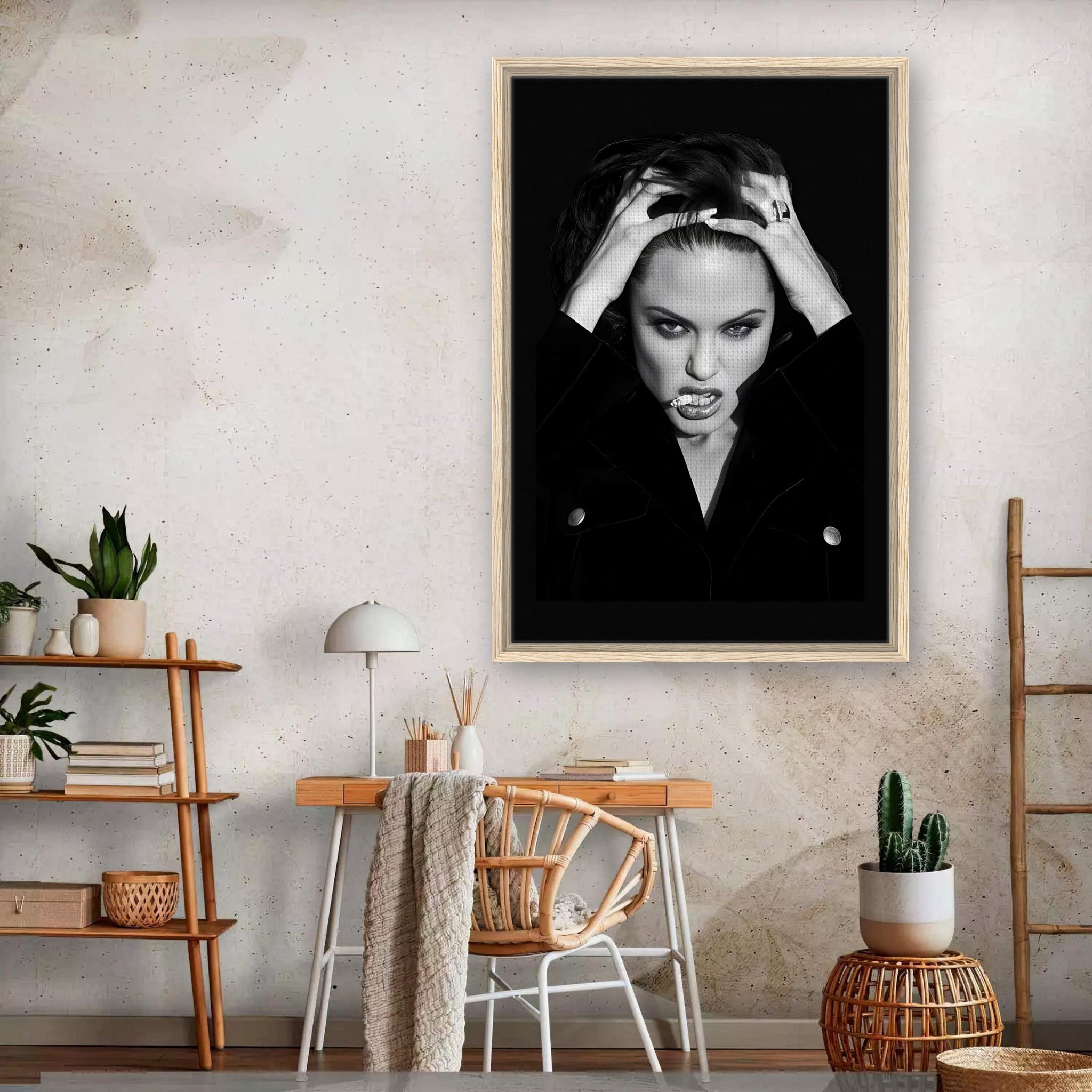 Angelina Jolie framed canvas print featuring striking black and white portrait, perfect for modern home decor.