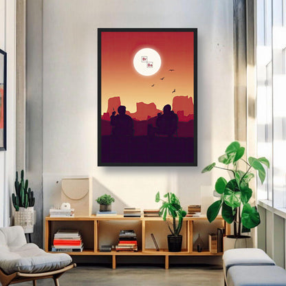 Framed "Sunset Breaking Bad" poster featuring Walt and Jesse in a desert scene, enhancing modern living space decor.