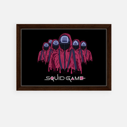 Squid Game Soldiers framed canvas print featuring iconic masked guards in red uniforms on a black background.