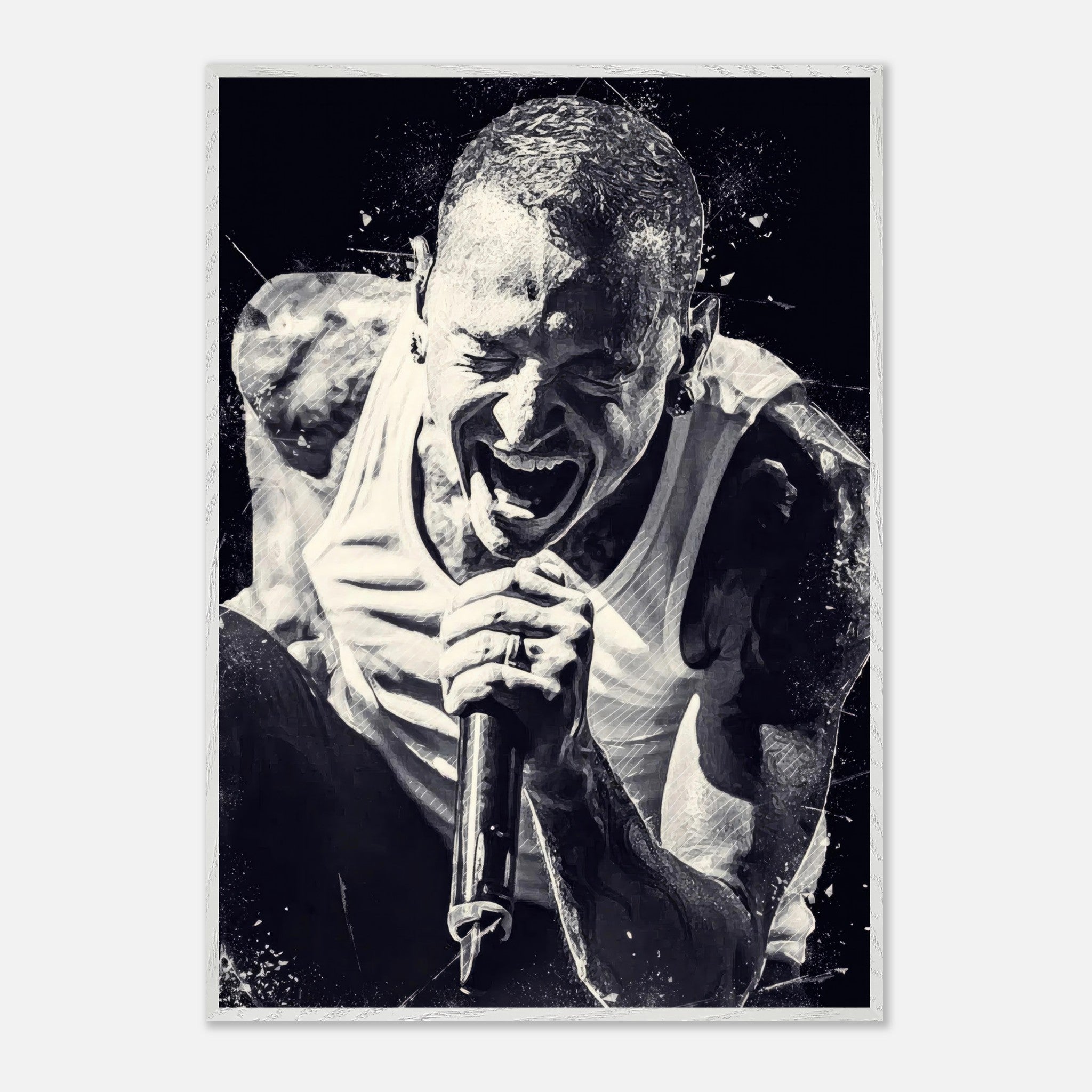 Chester Bennington fine art print capturing emotion, intense performance, Linkin Park icon.