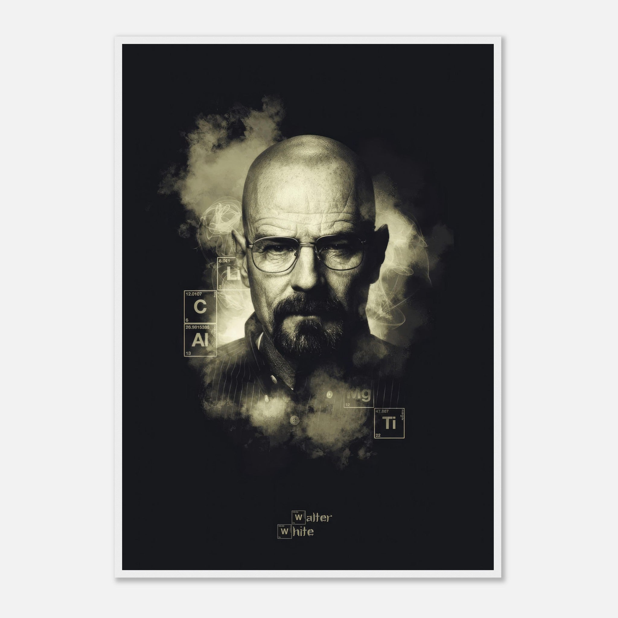 Walter White Heisenberg framed poster featuring a black-and-white portrait with smoky background and design elements.