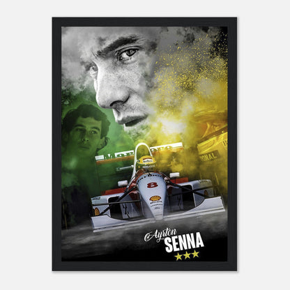 Ayrton Senna framed print featuring iconic F1 car and portrait; vibrant colors celebrating his legacy in motorsport.