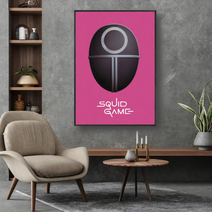 Squid Game Guard Mask fine art print displayed on a wall in modern interior with pink backdrop and stylish furniture.