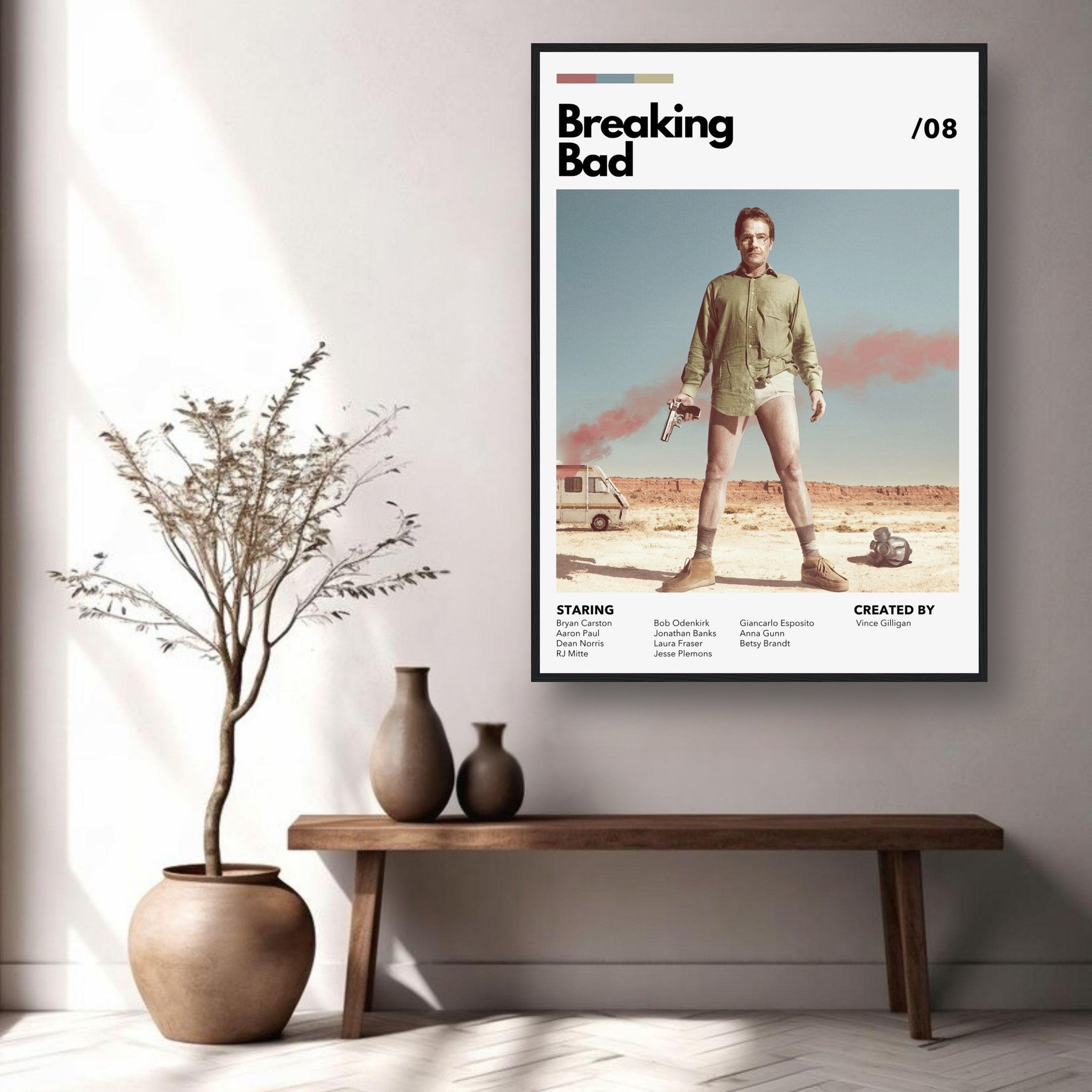 Retro Breaking Bad framed poster featuring Walter White in desert scene, perfect for any fan's wall art collection.