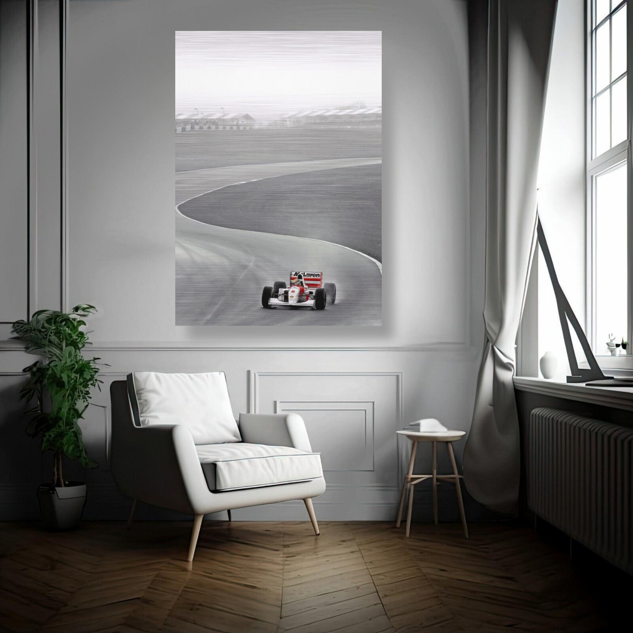 1988 Ayrton Senna McLaren photography on brushed metal, displayed in a modern living room setting.