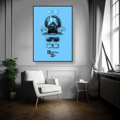 Minimalist Breaking Bad framed print featuring gas mask and glasses on a bold blue background. Perfect for fans of the series.