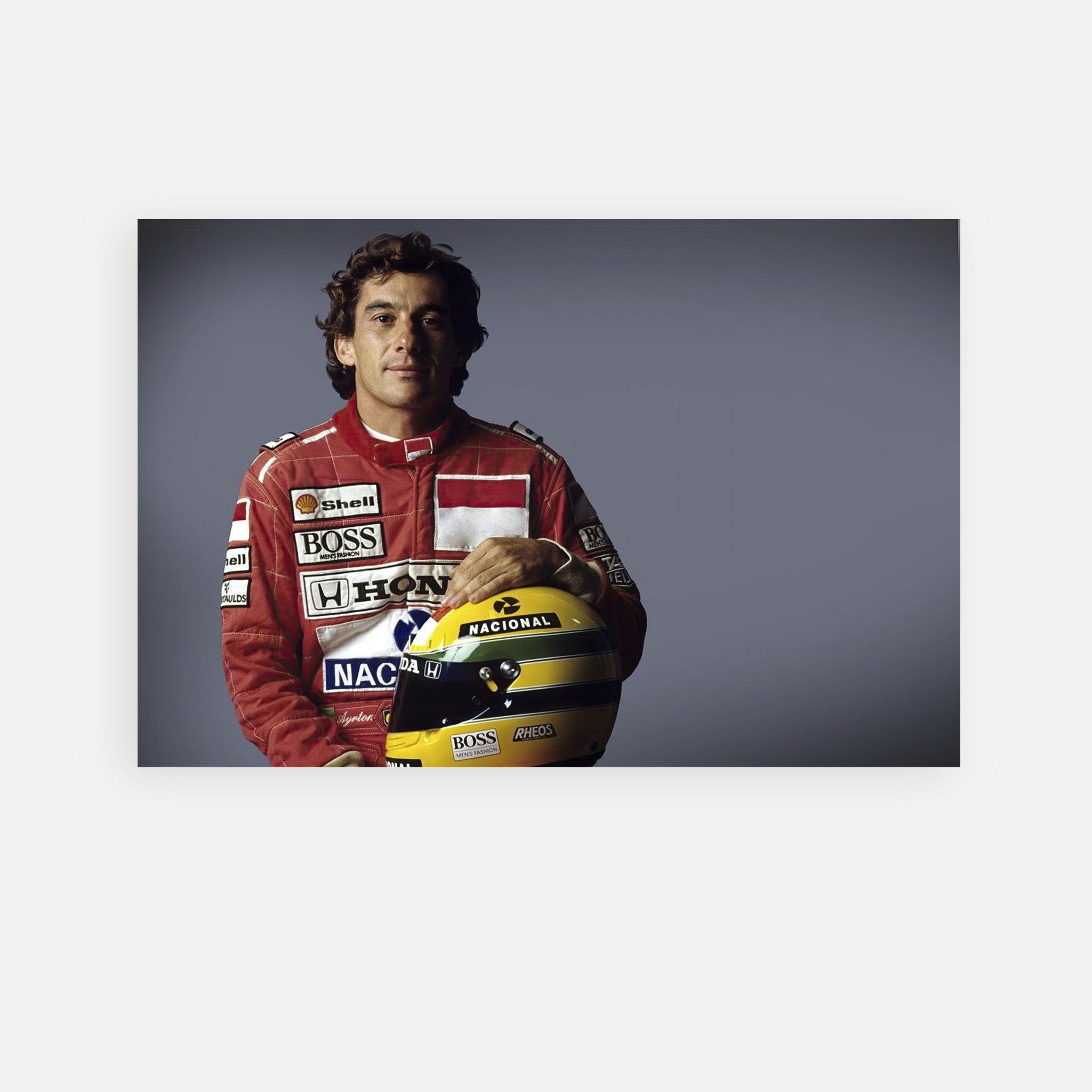 Ayrton Senna portrait in racing suit holding a yellow helmet, showcasing iconic motorsport artistry.