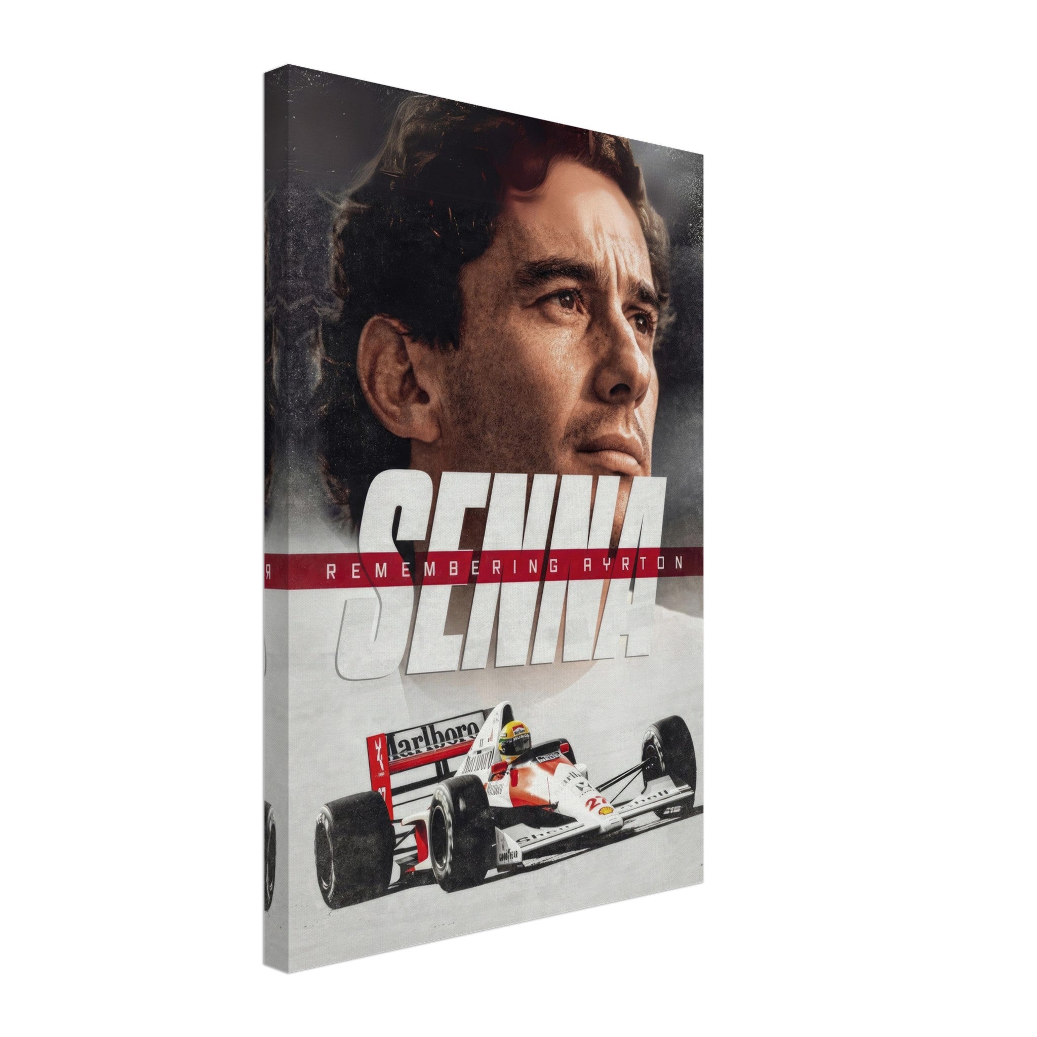 Ayrton Senna canvas art featuring his iconic image and racing car, celebrating the legacy of a Formula 1 legend.