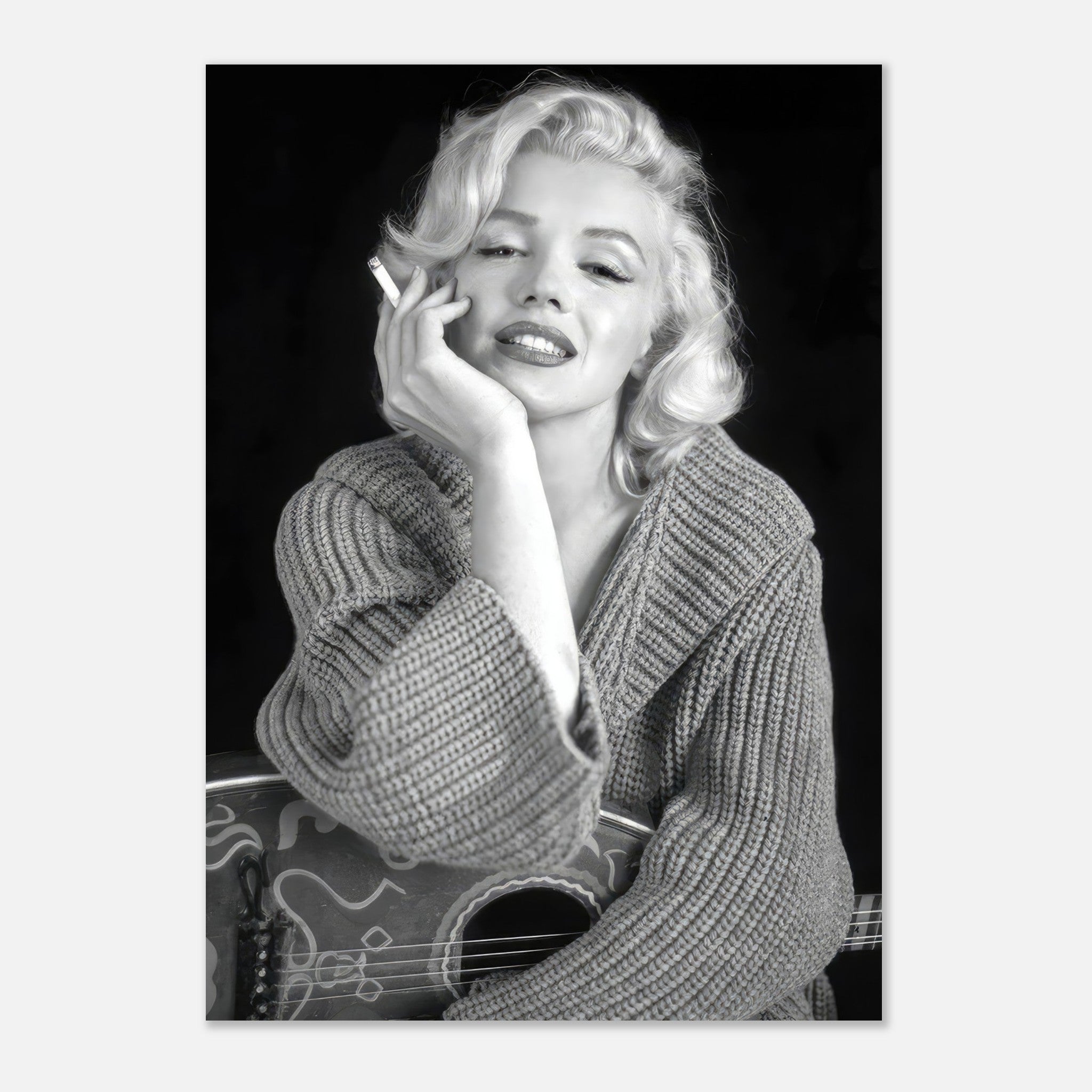 Black-and-white poster of Marilyn Monroe smoking, showcasing her classic elegance and charm.