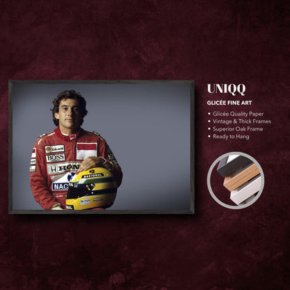 Ayrton Senna fine art print in a vintage oak frame with giclée quality paper, ideal for motorsport enthusiasts.