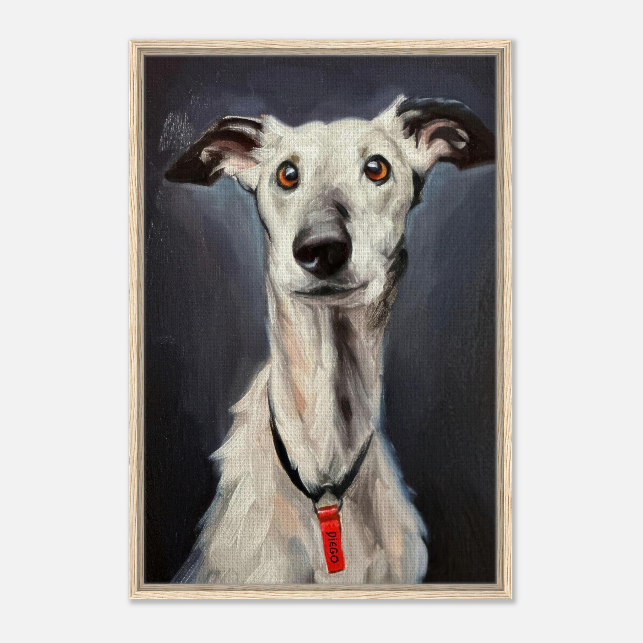 Framed canvas print of a greyhound dog portrait with striking features and a vibrant background.