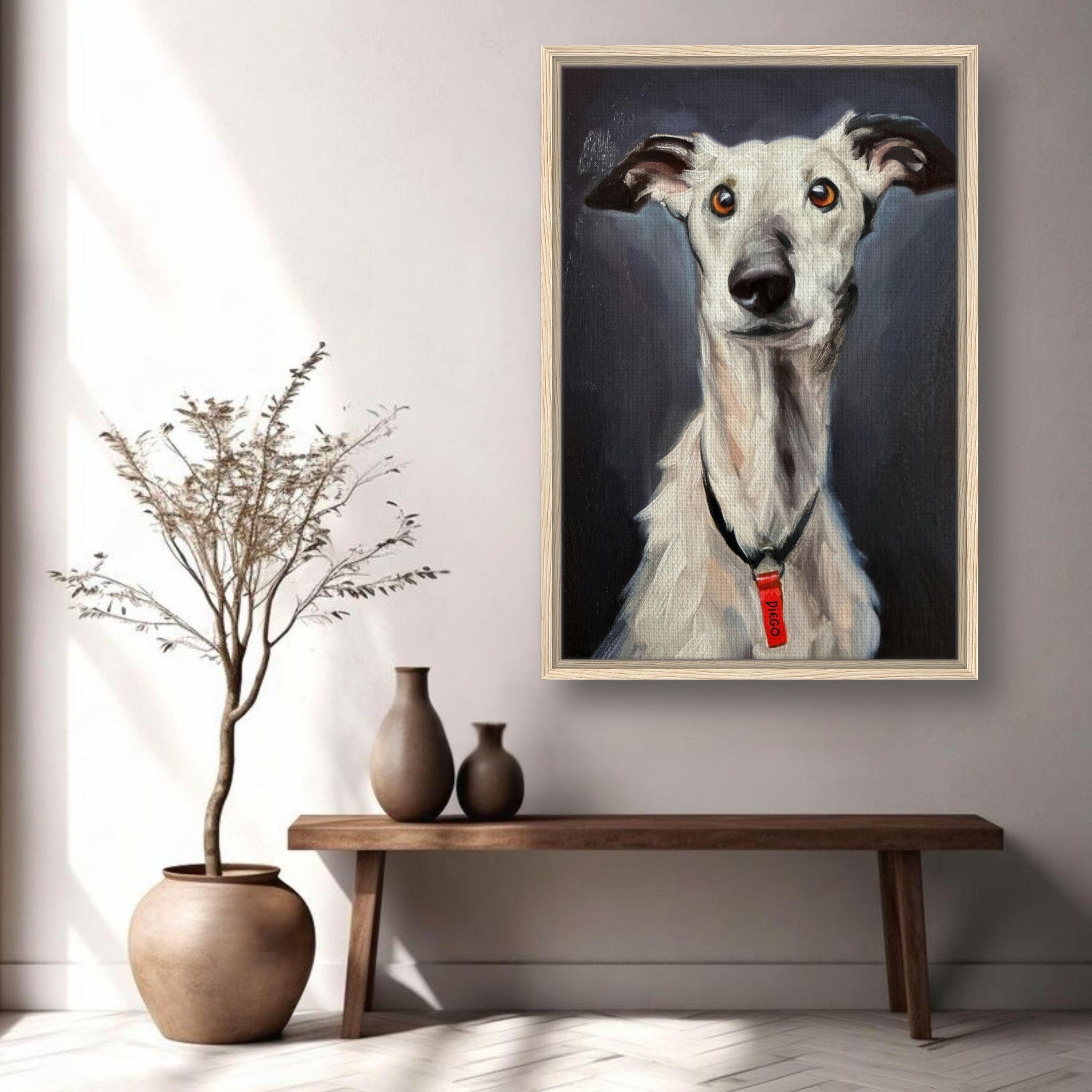 Framed canvas print of a Greyhound dog in a modern living room setting, showcasing elegance and charm.