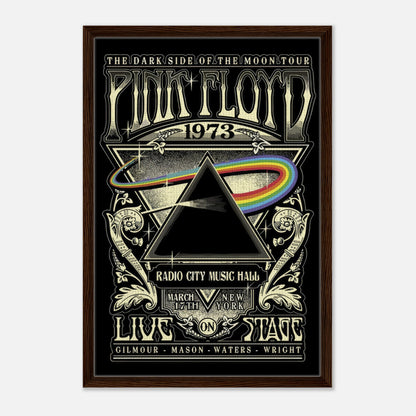 Pink Floyd - The Dark Side of the Moon 1973 tour framed canvas print with iconic prism design and concert details.