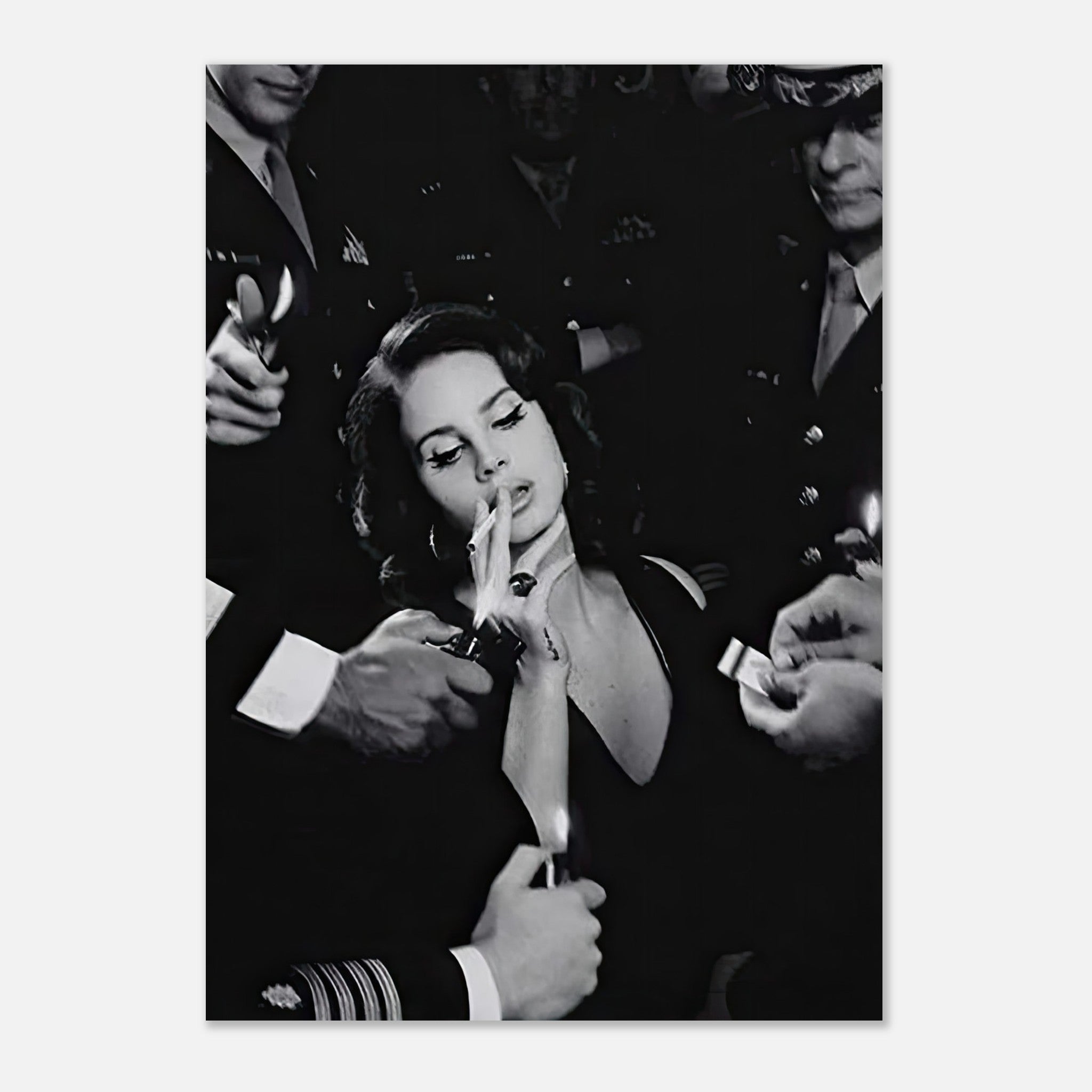 Lana Del Ray Smoking Poster in black-and-white, showcasing elegance and boldness in a striking visual composition.