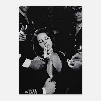 Lana Del Ray Smoking Poster in black-and-white, showcasing elegance and boldness in a striking visual composition.