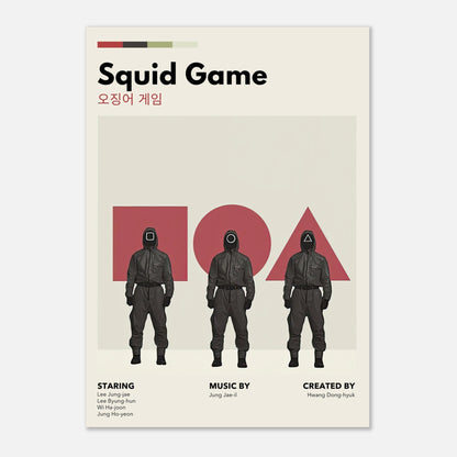 Squid Game Vintage poster featuring enigmatic guards in uniforms and geometric shapes, perfect for series fans.