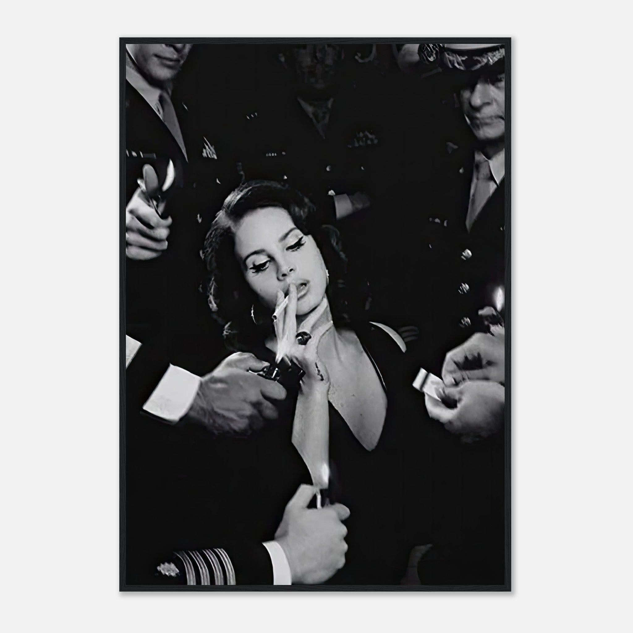 Vintage black-and-white framed print of a woman smoking surrounded by military figures, exuding Hollywood allure.