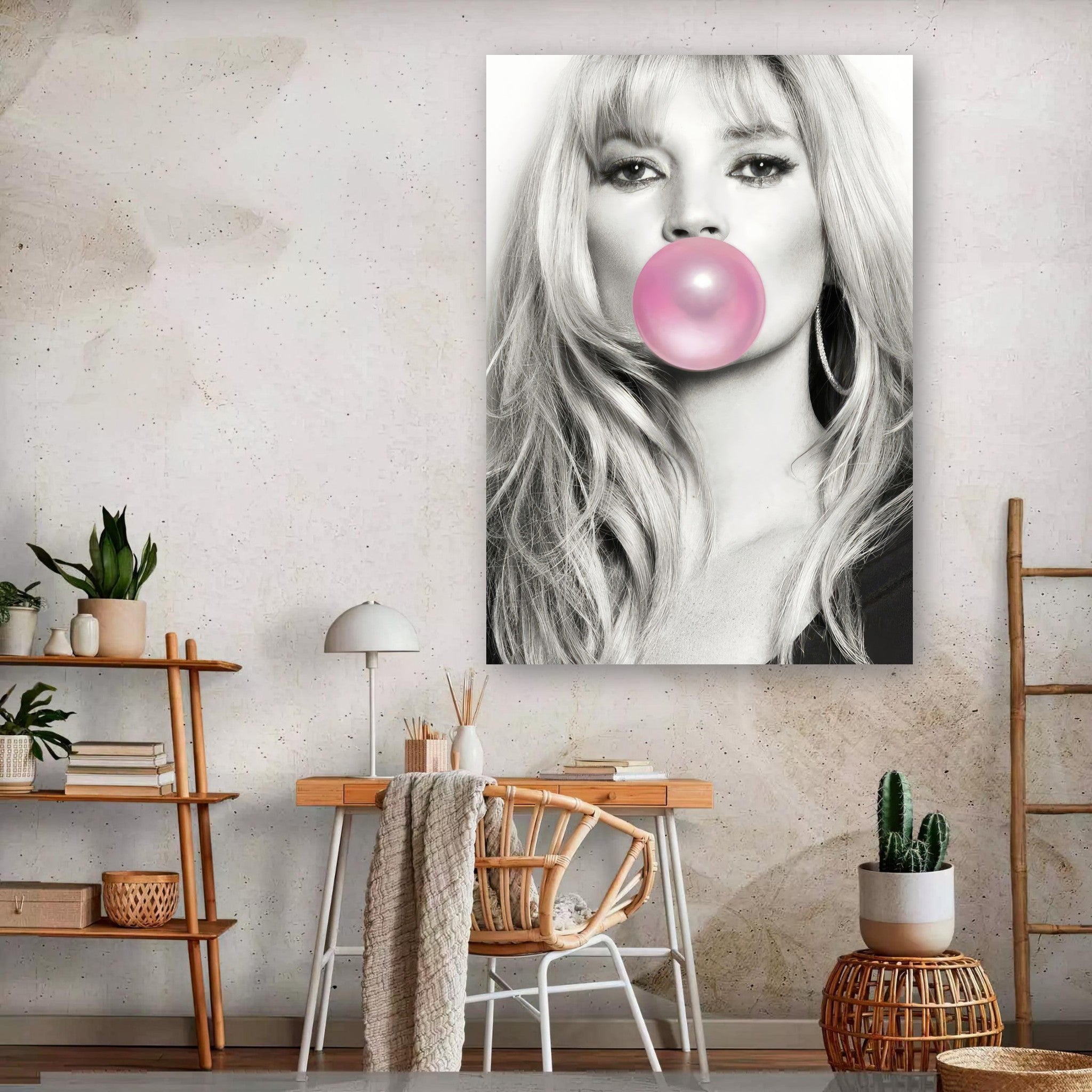 Kate Moss Pink Bubble Gum metal poster in modern living room, stylish black-and-white portrait with pink bubble gum accent.