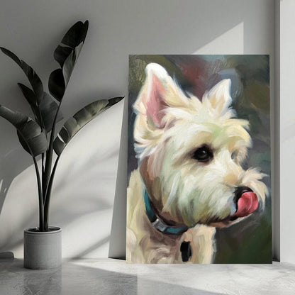 Westie dog painting metal print featuring expressive eyes and fluffy white fur in a home setting.