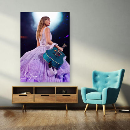 Taylor Swift Poster featuring the singer in a lavender gown with her teal guitar, perfect for Swifties' decor.