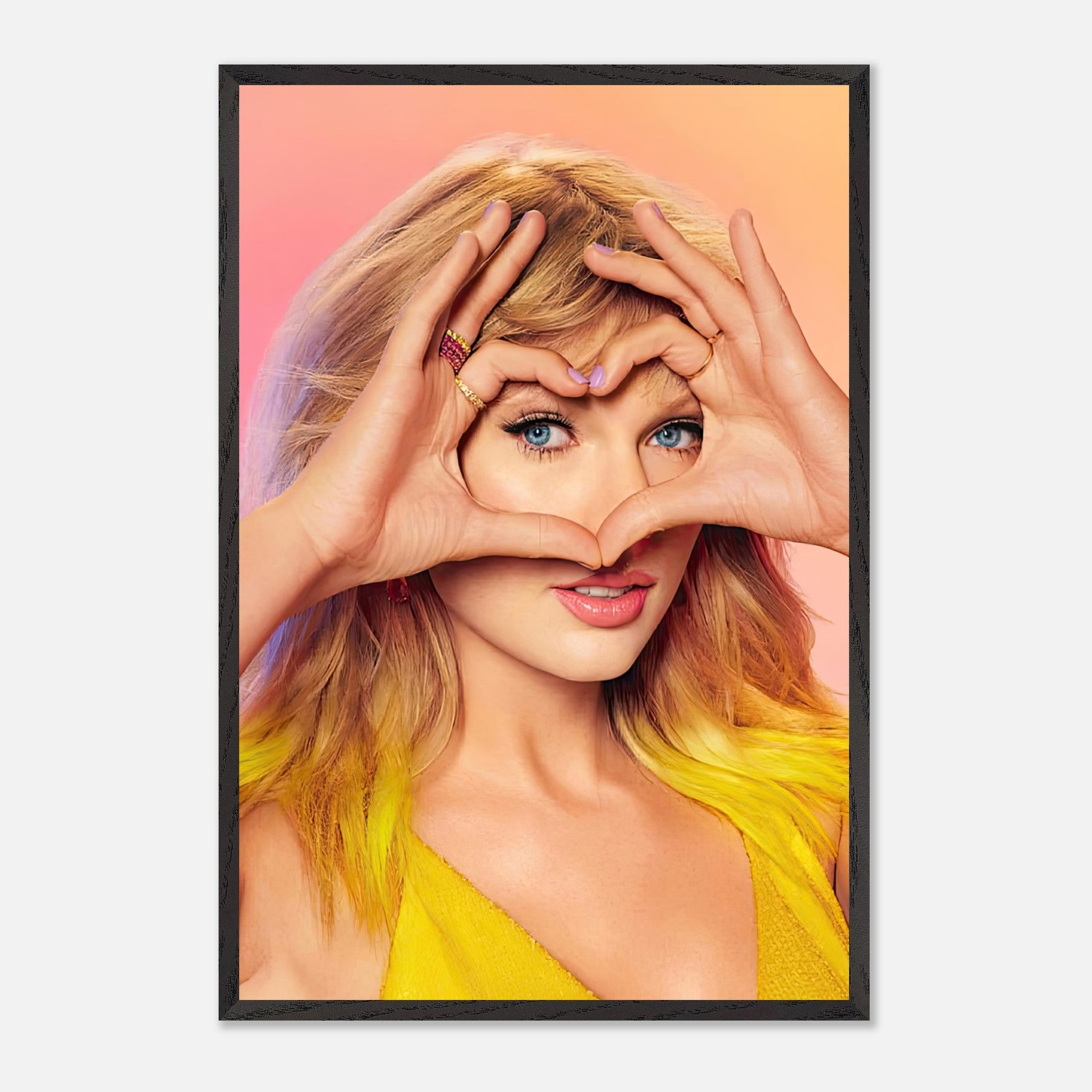 Taylor Swift vintage framed print with heart gesture, vibrant colors, perfect for fans.