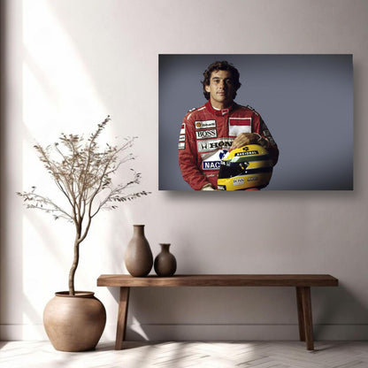 Ayrton Senna metal print displayed in modern decor setting, showcasing vibrant colors and sleek design.