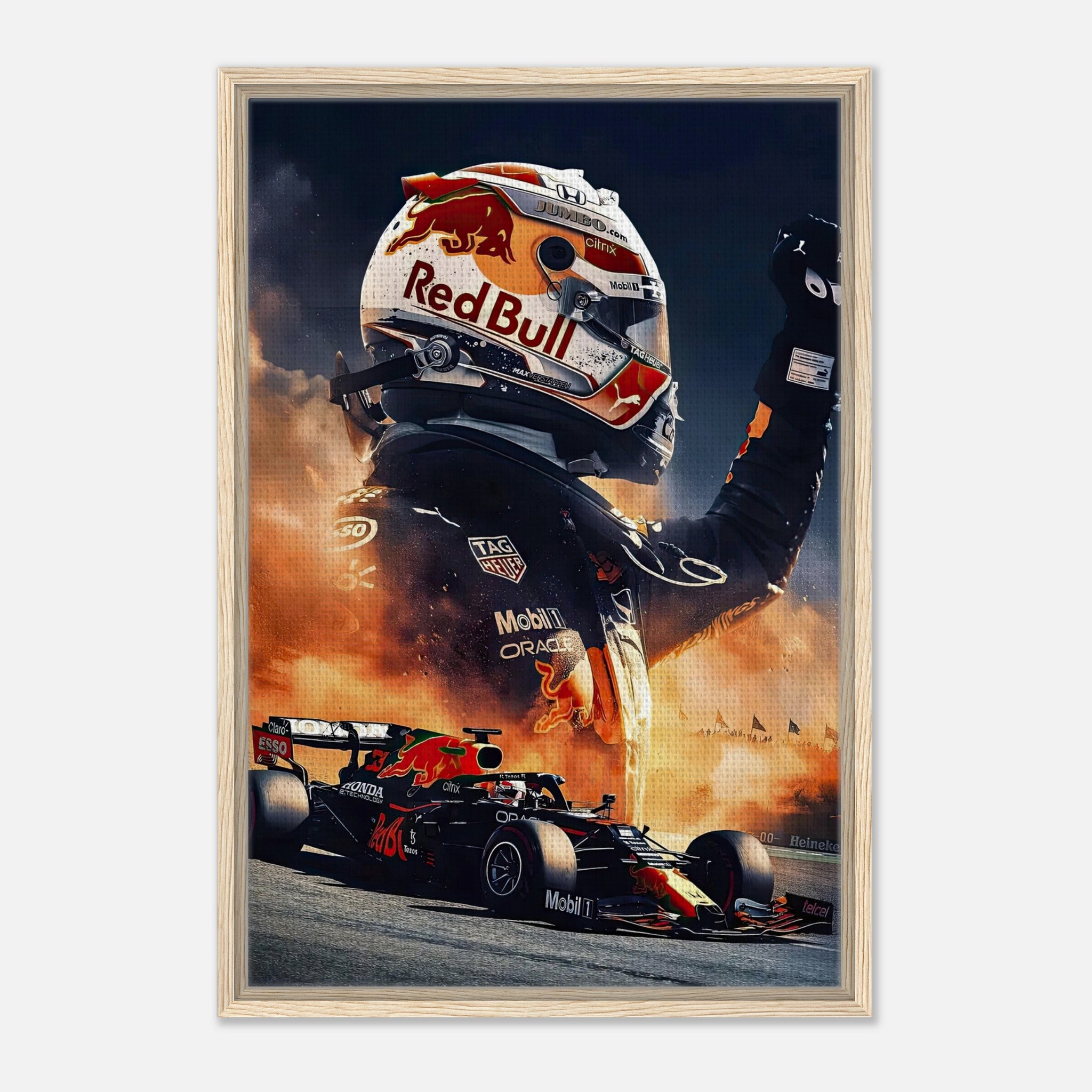 Framed canvas print of Max Verstappen celebrating with Red Bull F1 car in the background, showcasing speed and excitement.