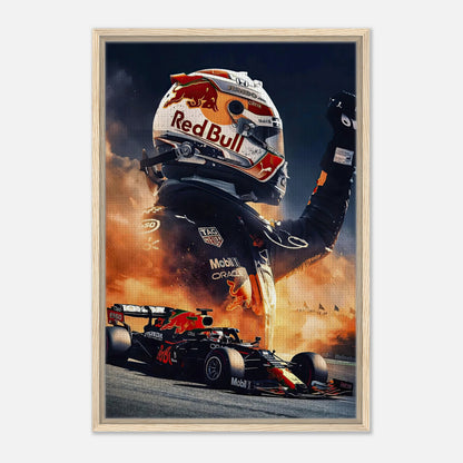 Framed canvas print of Max Verstappen celebrating with Red Bull F1 car in the background, showcasing speed and excitement.