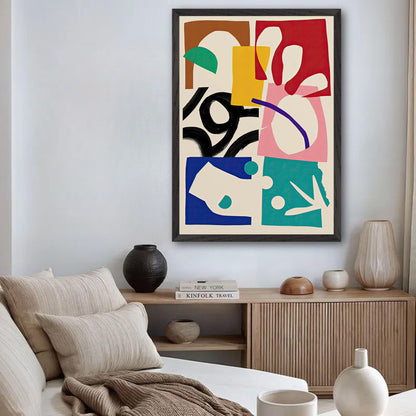 The Abstract Harmony fine art print featuring bold colors and shapes, displayed in a stylish living room setting.