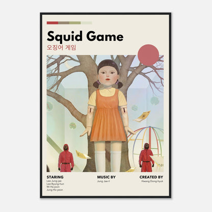 Vintage Squid Game framed poster featuring iconic Red Light, Green Light doll in a retro design.