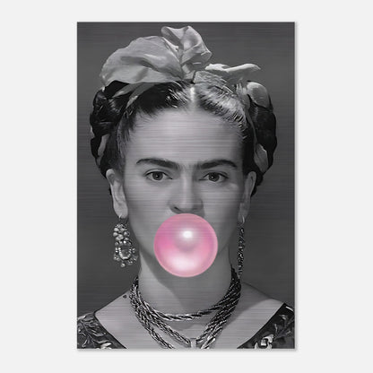 Frida Kahlo art piece with pink bubble gum, printed on brushed metal for a modern and playful aesthetic.