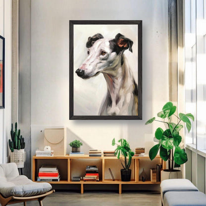 Greyhound dog painting in vintage frame showcased in a modern living room with plants and shelves.