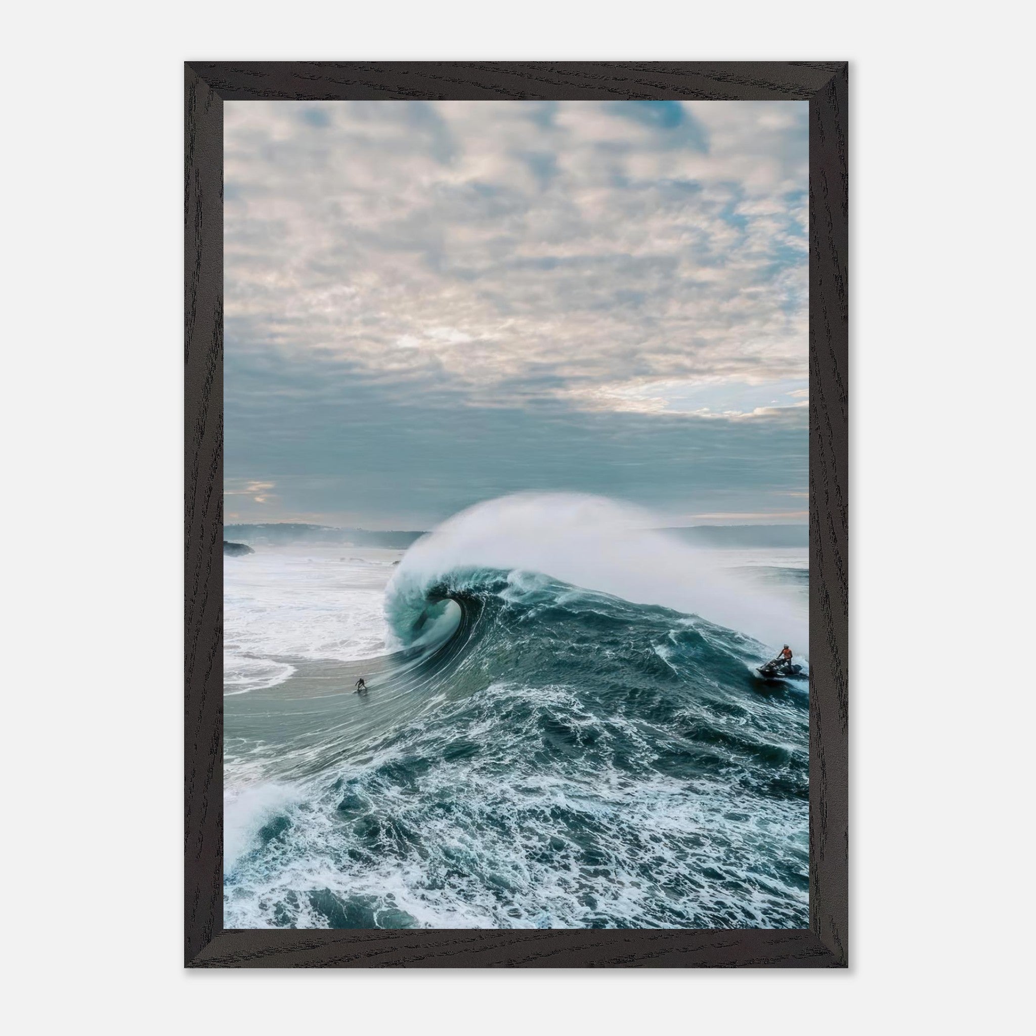 Big Wave Surfing Vintage Framed Print showcasing a surfer riding a massive wave under a dramatic sky.