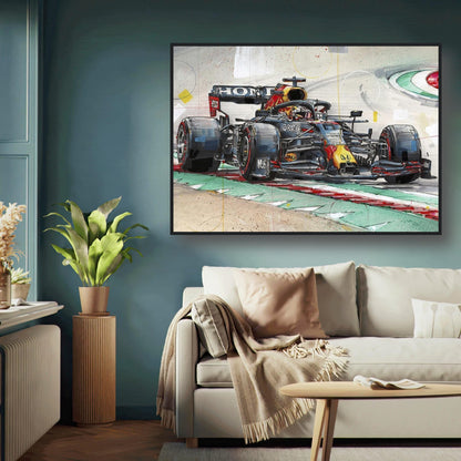 Max Verstappen Framed Print showcasing a Red Bull Racing car in a stylish living room setting.