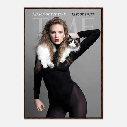 Taylor Swift Time Magazine framed print featuring her portrait with a cat, celebrating her "Person of the Year" achievement.