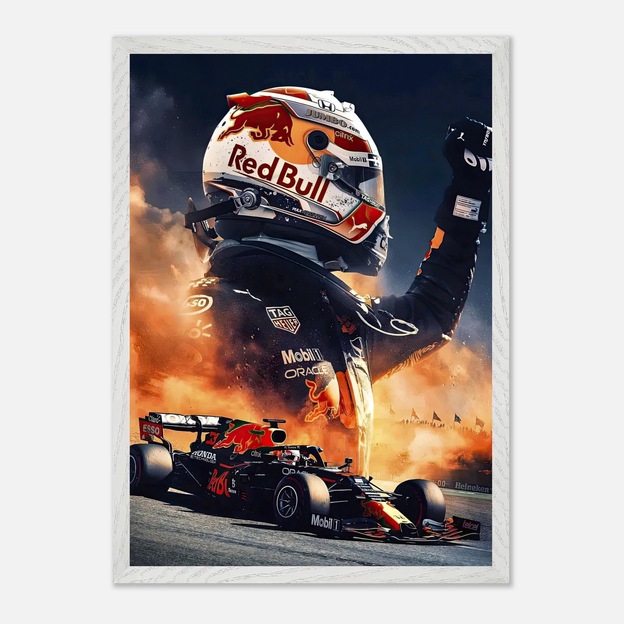 Max Verstappen Red Bull fine art print showcasing an iconic F1 moment with vibrant colors and detailed design.